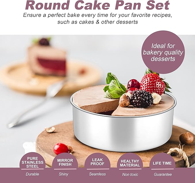 Herogo 8'' x 3'' Cake Pans Set of 2, Stainless Steel Deep 8 Inch Round Baking Pan, for Layer Birthday Wedding Christmas Cakes, Mirror Finish & Healthy, Deep Side & Oven Safe
