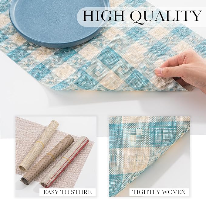 BACKTOEDEN Placemats Set of 12 Heat Resistant Washable Wipeable Placemat Woven Non-Slip Foldable Vinyl/Plastic Place Mats Indoor/Outdoor Mat Kitchen Dining Table Pad, Blue Checkered