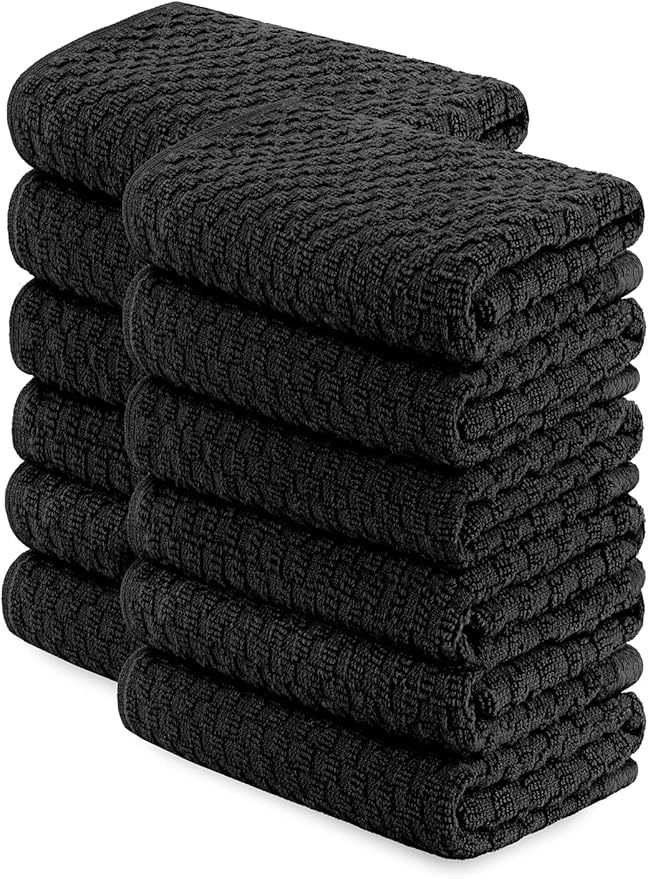 Wealuxe Super Absorbent Kitchen Towels 12 Pack - Premium 100% Cotton Kitchen Towels, 450GSM Thick Machine Washable Black Dish Towels for Kitchen Drying, Cleaning, Dobby Weave, Unmatched Quality