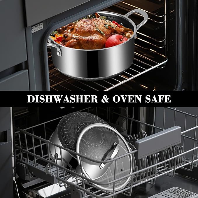 Tri-Ply Stainless Steel Stock Pot, 5 Quart Pot with Lid - Non Stick Pots -Induction Ready, Cooking Pots with Lids, Cool Handles, Dishwasher (Stainless Steel, 5.2QT)