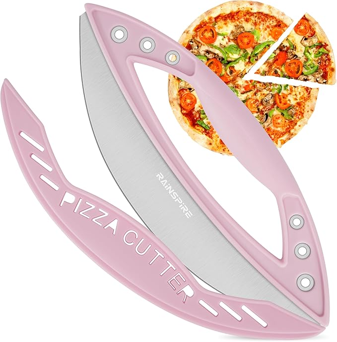 Rainspire 12" Pizza Cutter Rocker Blade Stainless Steel Pizza Rocker with Cover Sharp Blade Pizza Knife Dishwasher Safe Kitchen Gadgets Home Essentials, Pink