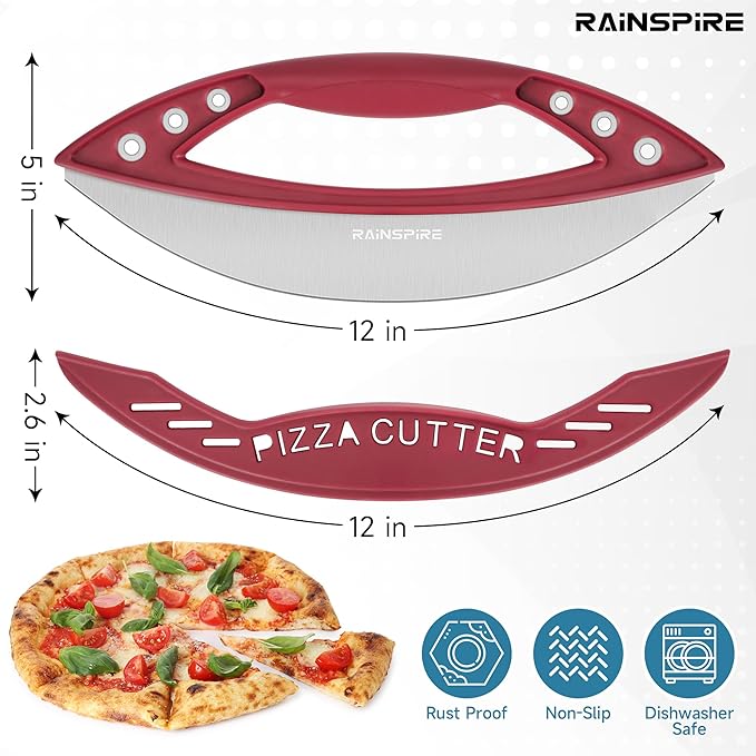 Rainspire 12" Pizza Cutter Rocker Blade Stainless Steel Pizza Rocker with Cover Sharp Blade Pizza Knife Dishwasher Safe Kitchen Gadgets Home Essentials, Red