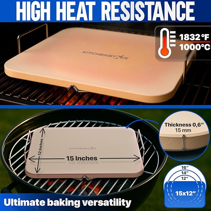 KitchenStar 15x12-inch Pizza Stone for Oven & BBQ Grill with Handles, Rectangular, 5/8" Thick - Natural Cordierite, 1800°F Resistant, Baking Stone Set with Stainless Steel Rack & Plastic Scraper Tool