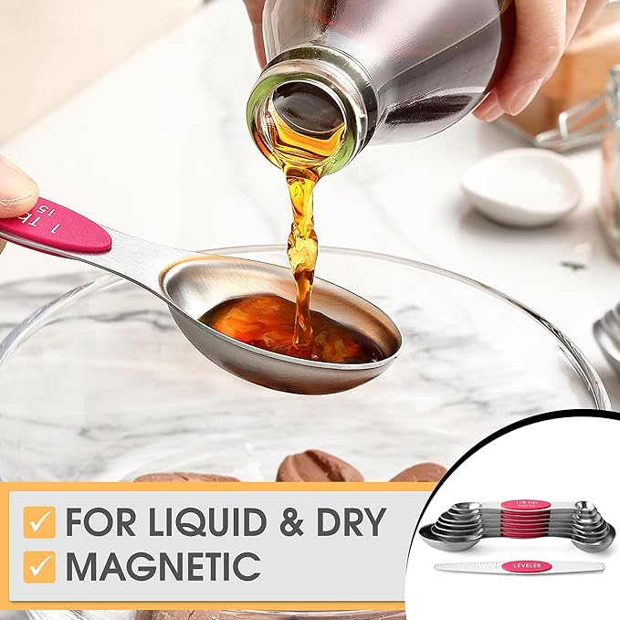 Spring Chef Magnetic Measuring Spoons Set, Dual Sided, Stainless Steel, Fits in Spice Jars, Pink, Set of 8, 2 Pack