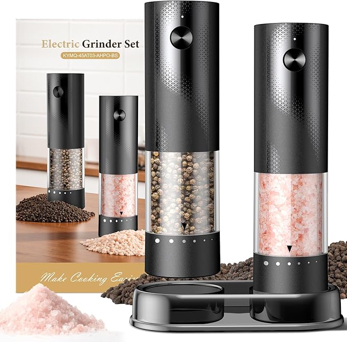 Electric Salt and Pepper Grinder Set - Rechargeable Automatic Salt and Pepper Shakers, Kitchen Appliances with External Adjustable Coarseness, Larger Hopper for Cooking, Home Gifts(2 Pack,Black/Black)
