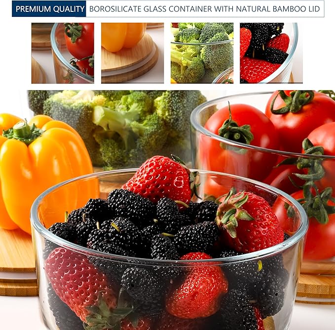 DE Glass Food Storage Containers with Bamboo Lids – 4 Pack Round (2x33oz + 2x60oz) – BPA-Free Borosilicate Glass Meal Prep Containers – Plastic-Free, Oven, Microwave, Freezer Safe