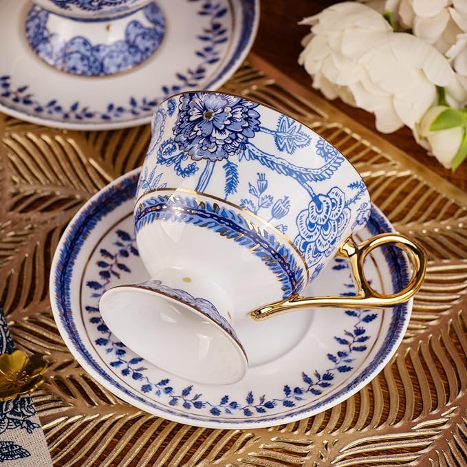 KAMMAK Tea Cups and Saucers Set of 2, Fine Bone China Coffee Cups, 8.5-Ounce Stackable Espresso Mugs, Ceramic Demitasse for Coffee, Cappuccino, Latte, Americano, Tea, Tall Navy