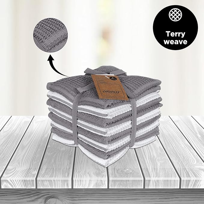 AMOUR INFINI Dish Cloths for Washing Dishes Set of 8 - Highly Absorbent, Super Soft Kitchen Dishcloths - Reusable Quick Dry Dish Rags for Cleaning & Drying Kitchen Linens (12x12 Inch - L.Grey)