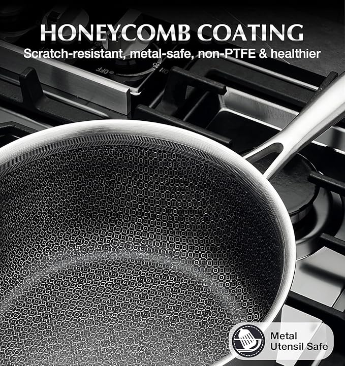 KOCH SYSTEME CS Hybrid Nonstick Stainless Steel Sauce Pan 3QT, Tri-ply Stainless Steel Pot with Honeycomb Interior, Hybrid Sauce Pan with Lid, 18/10 Steel Pot, Induction Compatible