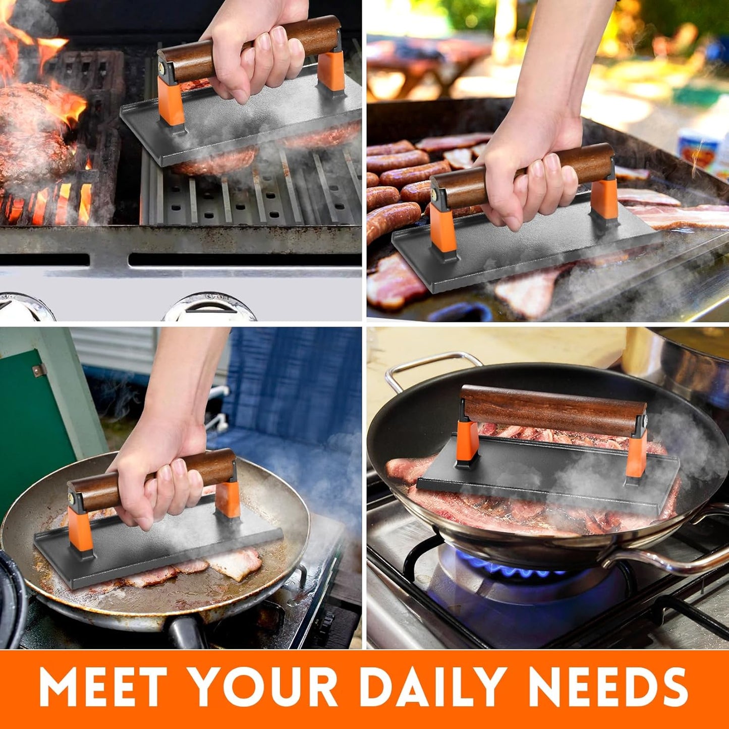 GGC Bacon Press for Griddle, Cast Iron Smash Burger Press for Hamburger, Steak, Bacon, Sandwiches, 8"x 4" Rectangle Meat Press with Wooden Handle for Grill and Griddle Cooking(10Pcs Patty Paper)