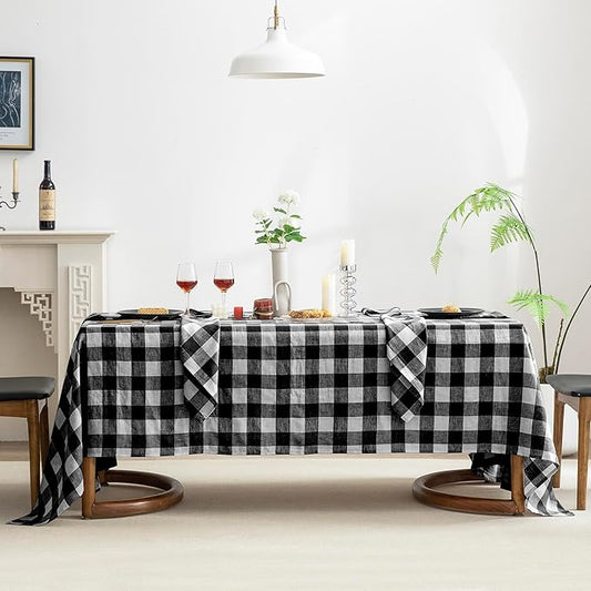 EVERLY 100% Yarn-Dyed Linen Rectangle Tablecloths 60x108Inches for Dining,Buffet Parties,Picnic,Events and Restaurants,Decorative Halloween,Thanksgiving Machine Washable Tablecloths-Black Plaid