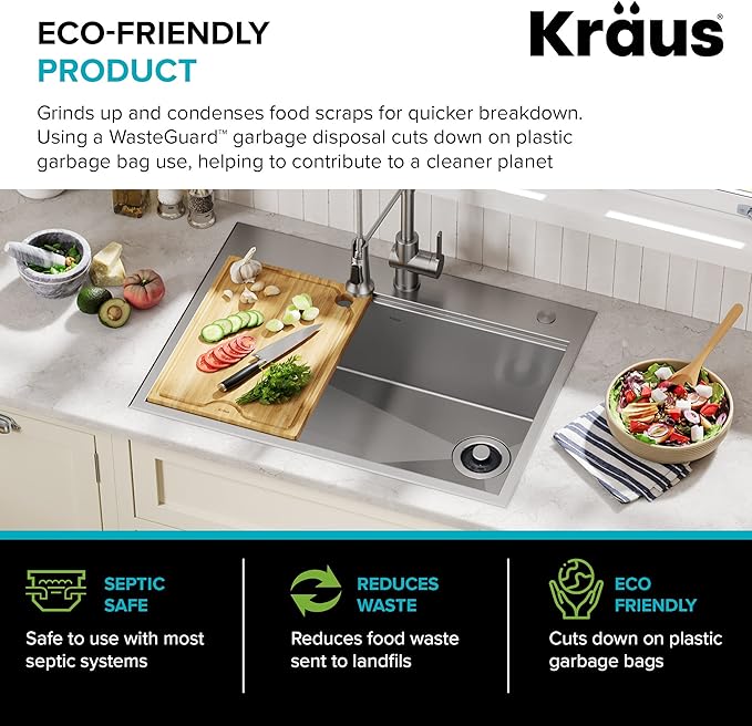KRAUS WasteGuard 3/4 HP Ultra-Quiet Garbage Disposal with Quick Connect, Kitchen Sink Drain Cover, Power Cord and Flange Included, KWD100-75MBL