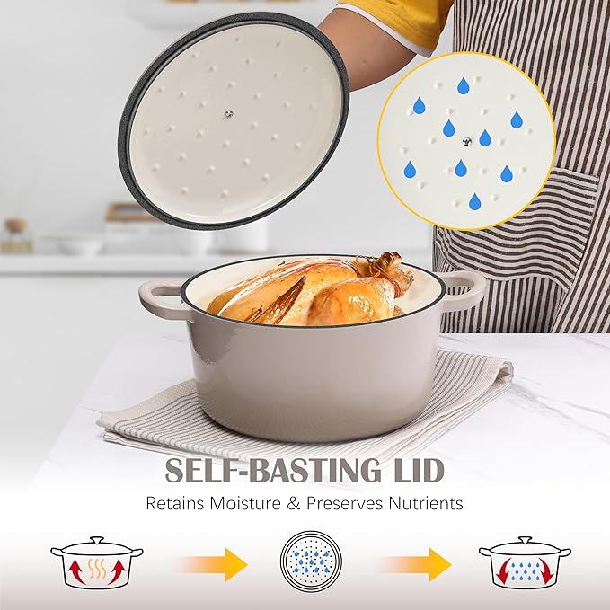 E-far Enameled Dutch Oven Pot for Bread Baking, 6QT Enameled Cast Iron Cookware with Self-Basting Lid & Sourdough Bread Baking Supplies, Heavy Duty Casserole Pot & Dual Handles-Khaki