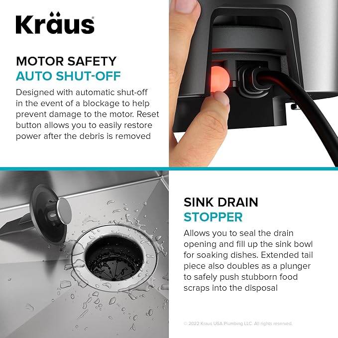 KRAUS WasteGuard 1 HP Ultra-Quiet Garbage Disposal with Quick Connect, Kitchen Sink Drain Cover, Power Cord and Flange Included, KWD100-100MBL
