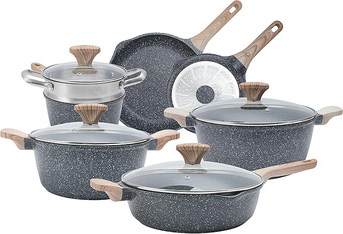 Country Kitchen Non-Stick Cast Aluminum Cookware Set - Durable Kitchen Cookware for Everyday Cooking, Grey, 11 Pc.