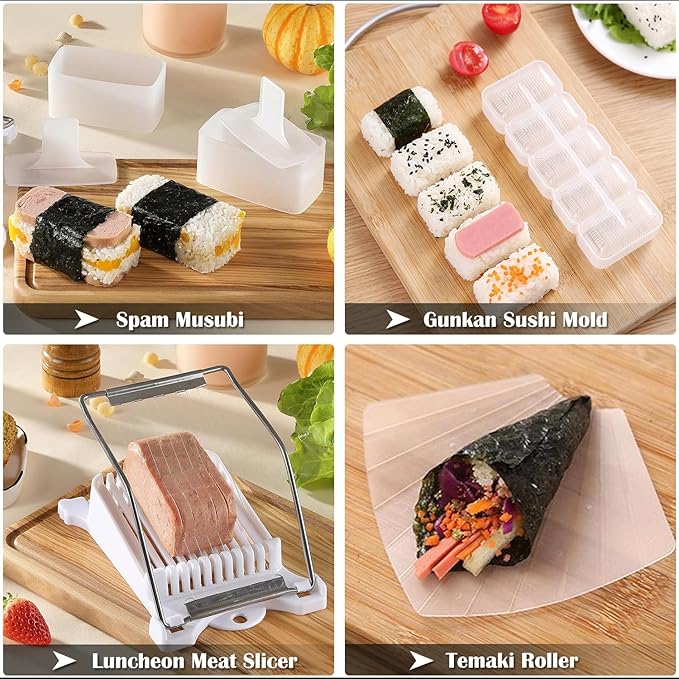 Sushi Making Kit & Musubi Maker Kit - for Beginners & Pros with Sushi Roller Bazooka, 2 Bamboo Mats, 2 Musubi Press Molds and Spam Slicer