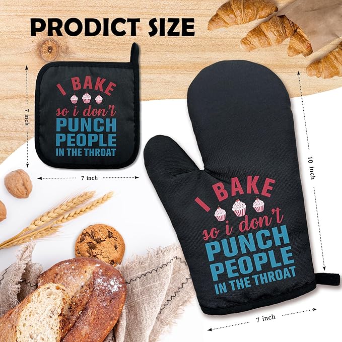 ZHANTUONE I Bake So I Don't Punch People in The Throat Funny Heat Resistant Oven Mitts and Pot Holders Set with Silicone Non-Slip, Women Bakers Cooking Baking Gadgets, Gifts for Chef Hostess Mom
