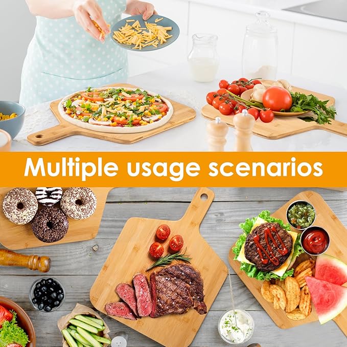 4 pcs Pizza Peel with Stand Smooth Pizza Paddle Pizza Cutting Board with 6 Slice Grooves Premium Serving Tray with Stainless Steel Pizza Cutting wheel and Pizza Shovel