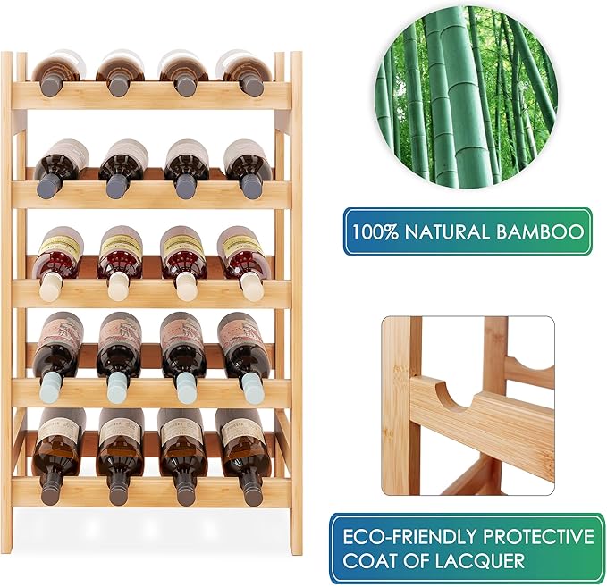 SMIBUY Bamboo Wine Rack, 20 Bottles Display Holder, 5-Tier Free Standing Storage Shelves for Kitchen, Pantry, Cellar, Bar (Natural)