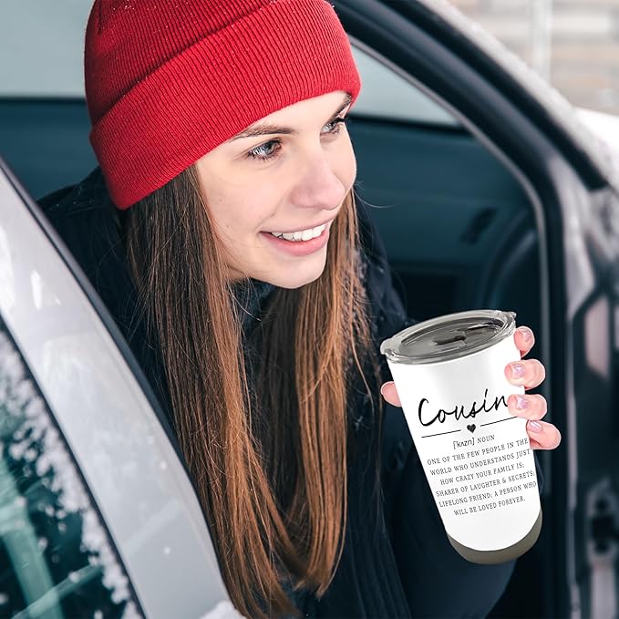 QASHWEY Cousin Gifts Coffee Tumbler - Gifts for Cousins Women Men Travel Tumbler Coffee Mug, Cousin Gift for Women Men, CousinDefinition Steel Tumblers with Straw and Lid 20 oz