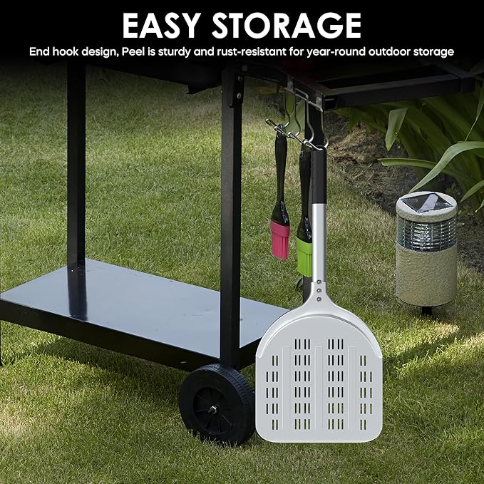 Pizza Peel – 12'' Aluminum Perforated Launch Placement Retrieving Peel – Metal Hanging Hook – Lightweight Turning Peel – Non-stick Pizza Paddle – Outdoor Pizza Oven Accessories