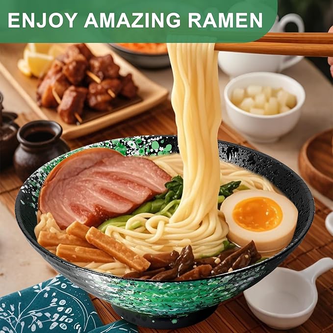 8-Inch Ceramic Ramen Bowl Set of 4 (17 Piece) - Porcelain Japanese Salad Noodles Cereal Fruit Pasta Soup Large Bowls with Recipes Chopsticks Forks Spoons for Men Women Gift Microwave Dishwasher Safe