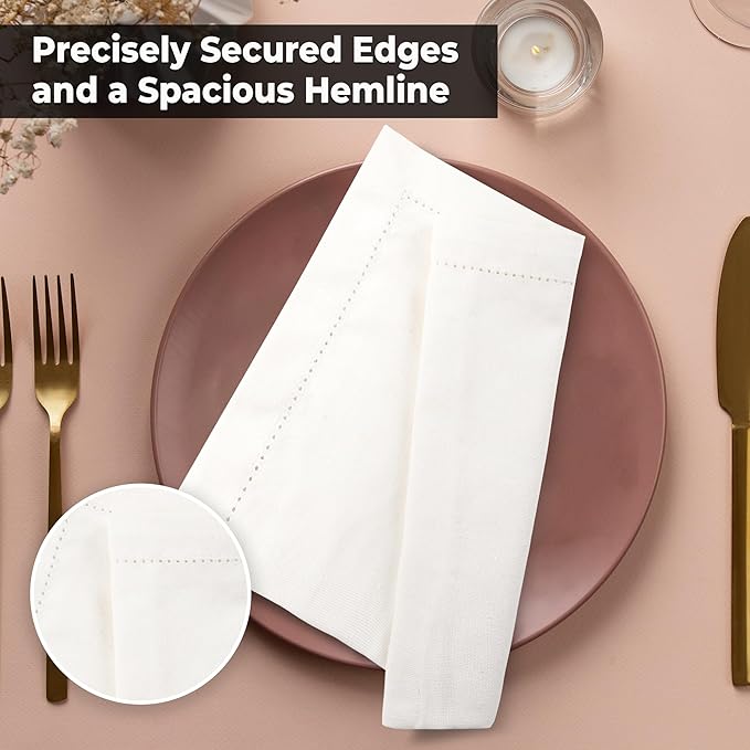 Urban Villa Cloth Napkins Ivory Hemstitch Dinner Napkins Set of 12 20X20 Inches 100% Cotton Absorbent Washable Durable Reusable Ideal for Farmhouse Party Thanksgiving Christmas Dinner Napkins