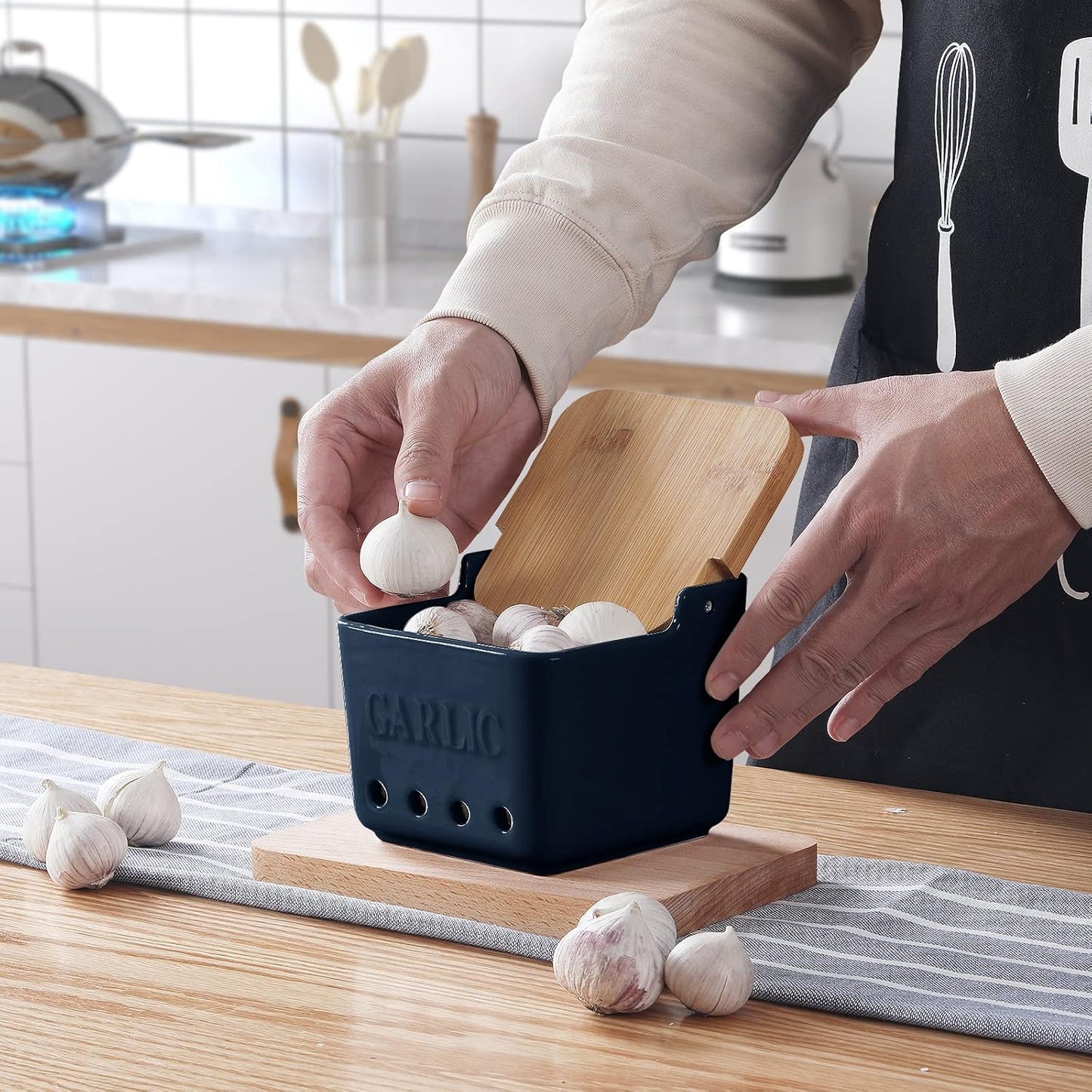 Navy Ceramic Garlic Keeper with Lid - Fresh Storage, Saver for Longer Life, 4.7-Inch