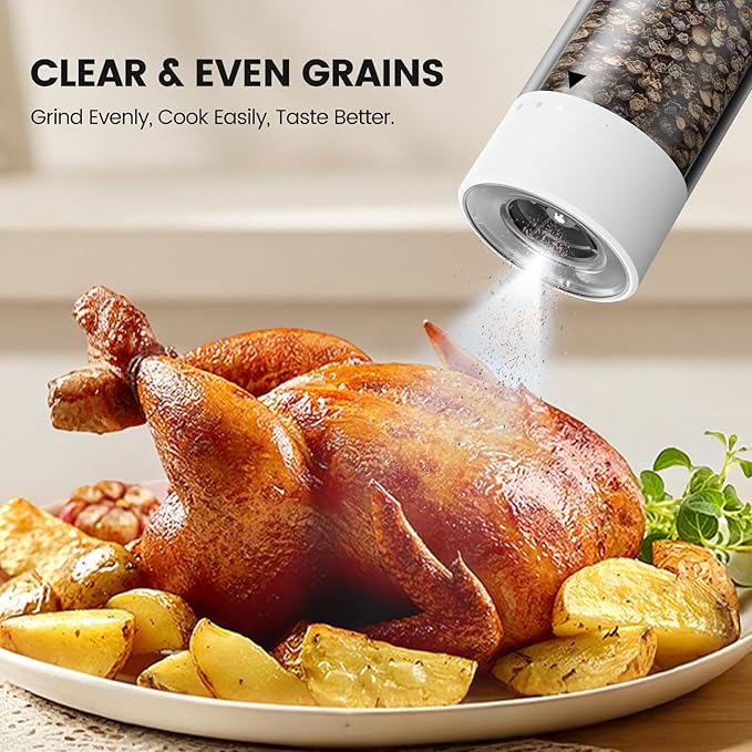 Electric Salt and Pepper Grinder Set - Rechargeable Automatic Salt and Pepper Shakers, Kitchen Appliances with External Adjustable Coarseness, Larger Hopper for Cooking, Home Gifts(2 Pack,White/White)