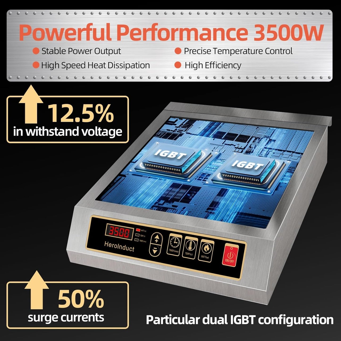 Portable Induction Cooktop 208-240V 3500W Commercial Range Countertop Burner Dual IGBT Modules 8 Heating Level Timer Sensor Push-Button Premium Stainless Steel Housing Ceramic Glass（Black）