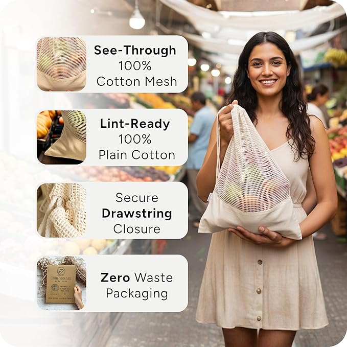 LEAFICO Reusable Produce Bags – 100% Cotton Mesh & Solid Hybrid (Small 8x10 inch 6 Pcs) – Cloth Grocery Bags for Garlic, Nuts, Onions, Bulk Snacks – Washable, Plastic-Free, Breathable, Zero Waste