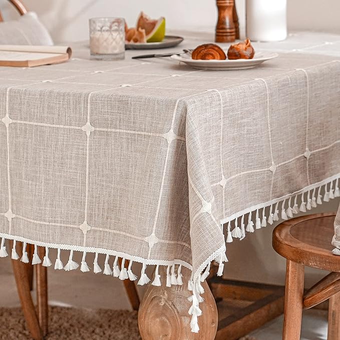 Deep Dream Tablecloths, Embroidered Waterproof Table Cloth Cotton Linen Wrinkle Free Anti-Fading Table Cover Decoration for Kitchen Dinning Party Christmas, 55 x 86 Inch - Light Brown