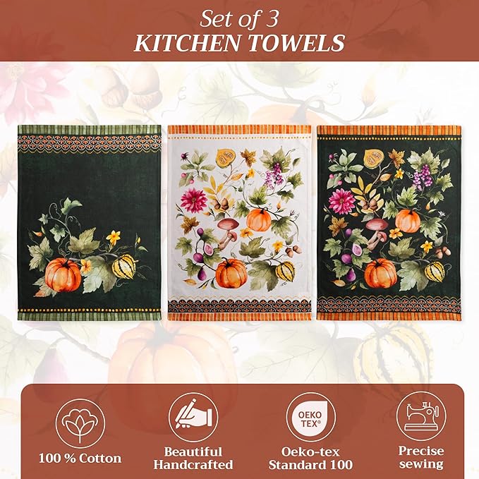 Maison d' Hermine Kitchen Towels Set of 3 100% Cotton 20" x 27.5" Reusable Cloth Tea Dish Towels Absorbent with Hanging Loop for Dining Thanksgiving Christmas Decorations (Pumpkin Garden - Dark Green)