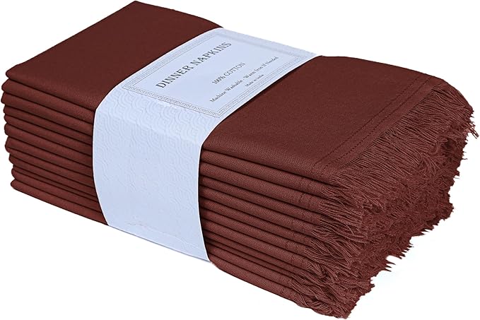 Bedding Craft Cotton Cloth Dinner Napkins Set of 12 – 18x18 Chili Oil with Frayed Selvedge Edges – Machine Washable Fabric Napkins for Weddings, Baby Showers, Parties & Table Décor