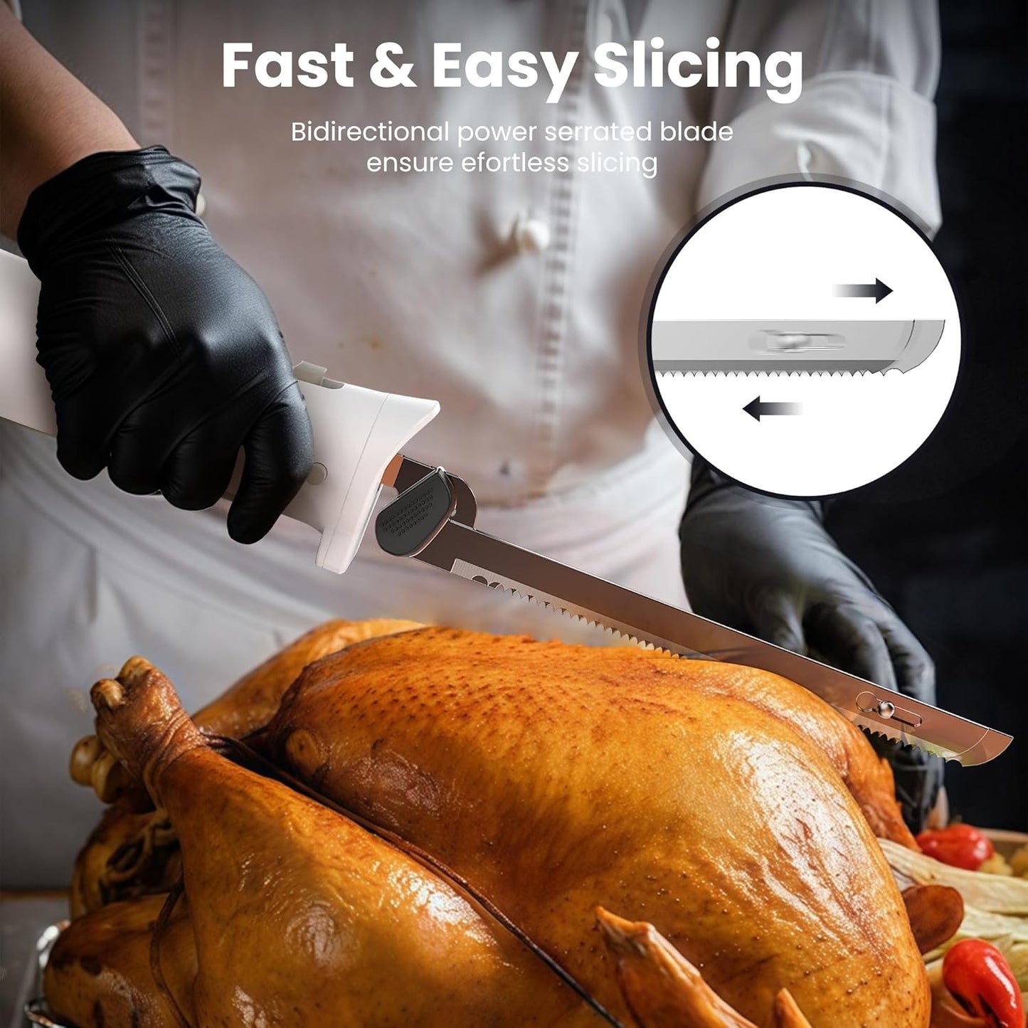 DUSSAL Cordless Electric Knife Rechargeable, Electric Carving Knife, 4 Stainless Steel Blades, Safety Lock Switch, Blade Release Buttons, Cutting Meats, Poultry, Bread, Cheese & More (White)