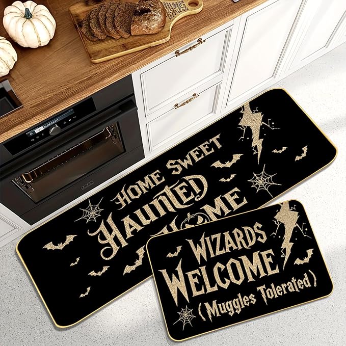 Halloween Kitchen Mat Set, 17"x29"and17 x47 Non-Slip Floor Rugs with “Wizards Welcome Muggles Tolerated” and “Home Sweet Haunted Home” Designs, Indoor Outdoor Spooky Halloween Decor