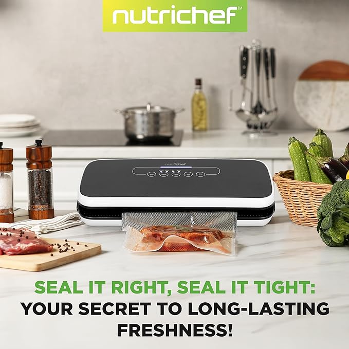 NutriChef Automatic Food Vacuum Sealer, Electric Air Sealing Preserver System for Dry and Moist Foods, LED Control, Strong Suction, Includes Bags, Wine Stopper Cork, and Air Suction Hose, 14”x6”x3”