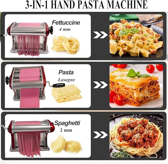 Manual Pasta Maker Machine – Stainless Steel Noodle Roller with Built-in 2mm & 4mm Cutters for Homemade Pasta, Lasagna, Fettuccine (Red, 2mm +4mm)