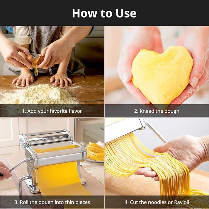 Pasta Maker, METLUCK Stainless Steel Pasta Machine Manual Roller Pasta Maker with 9 Thickness Settings for Spaghetti Linguine Fettuccine Lasagne, Includes Dough Cutter & Hand Crank