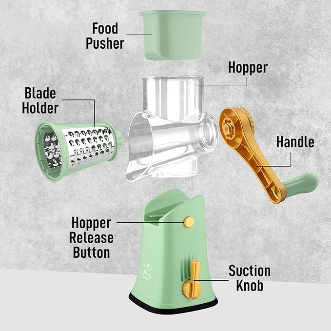 Zulay Kitchen Rotary Cheese Grater 5 Blade Cheese Shredder - Manual Hand Crank Cheese Grater With Reinforced Suction & 5 Interchangeable Drums - Easy to Use, Vegetable Chopper Round Mandoline Slicer