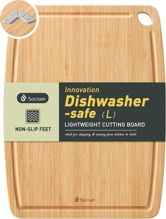 Lightweight Durable Bamboo Cutting Board with Non-Slip Feet, Non Toxic Wooden Cutting Board for Kitchen Heat-Resistant Chopping & Charcuterie Board with Juice Groove Kitchen Essentials for Meat
