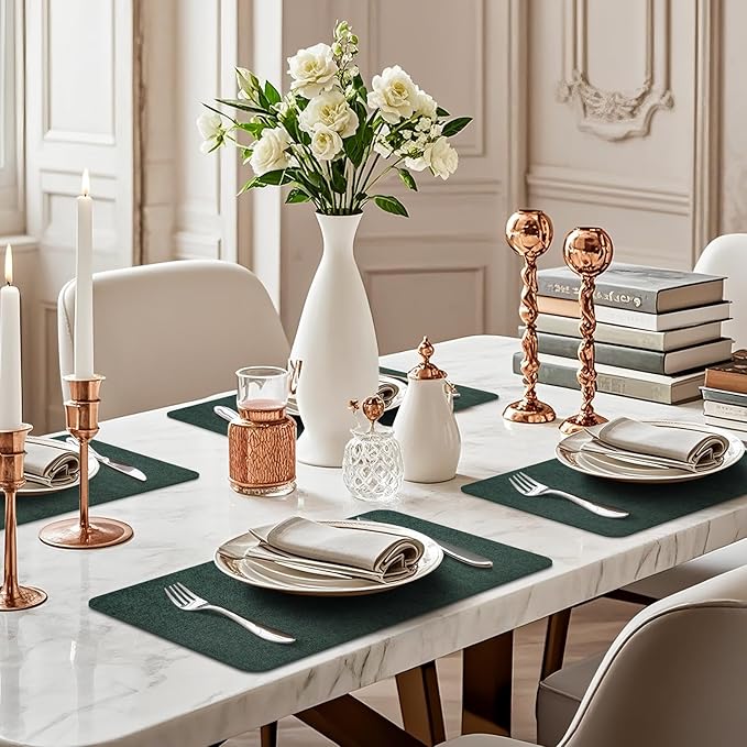 Vinly Placemats Set of 6 - Waterproof Wipeable Faux Leather Table Place Mats Heat Resistant Anti Slip Table Mats for Dining, Indoor, Outdoor, 15.8" x 11.8" (Dark Green)