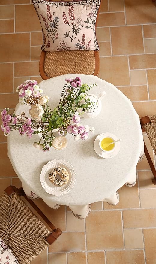 French Tablecloth for Round Tables,Linen Table Cloth with Colorful Flowers Pattern,Heavy Durable Table Cover for Dining Thanksgiving Kitchen Decor Party Christmas,Diameter 55"