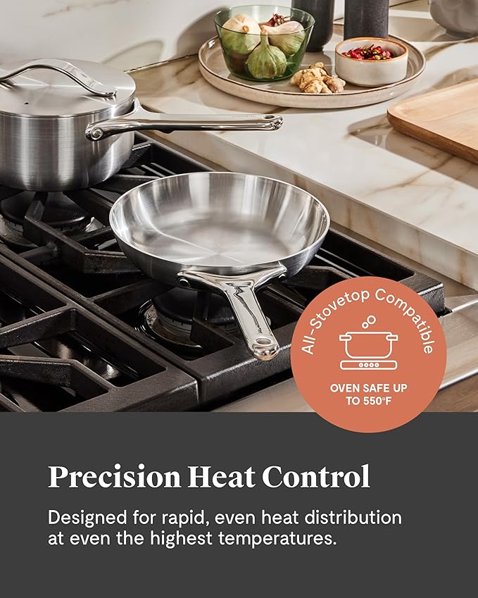 Caraway Stainless Steel Mini Duo - 5-Ply Stainless Steel Fry Pan (8 In) & Sauce Pan (1.75 Qt) - Oven Safe & Stovetop Agnostic - Non Toxic, PTFE & PFOA Free