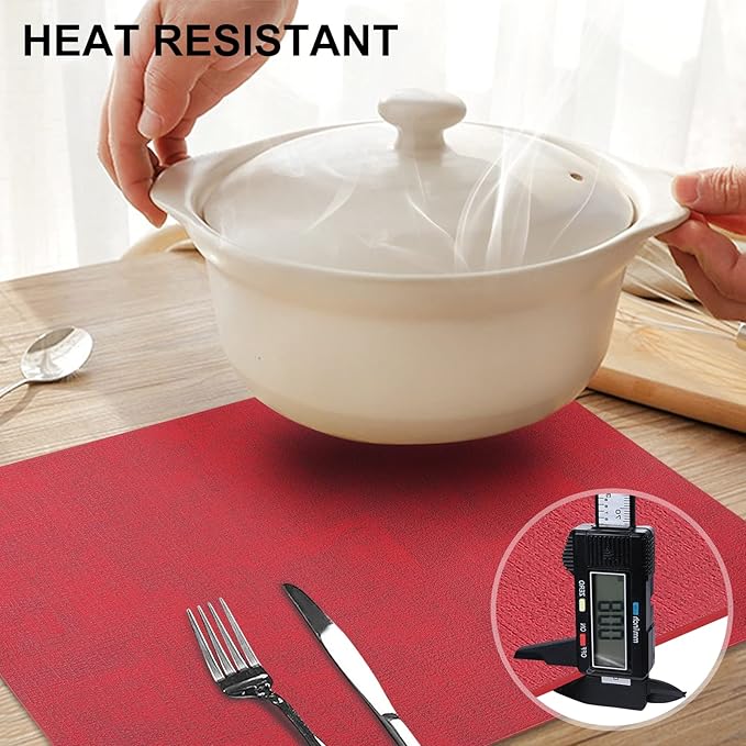 homing Faux Leather Heat Resistant Placemats 6 Packs, Waterproof Wipeable Dining PU Place Mats for Indoor & Outdoor, Easy to Clean, Red