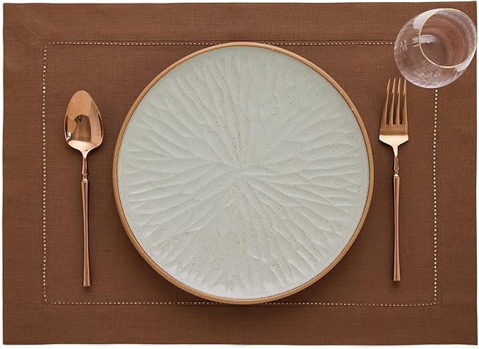 Solino Home Linen Placemats Set of 4 - Classic Hemstitch Brown Placemats 14 x 19 Inch - 100% Pure Linen Table Mats for Fall, Autumn, Thanksgiving