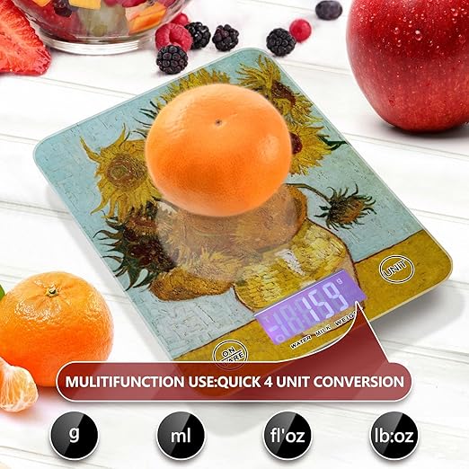 Food Scale Kitchen Digital Scale Food Ounces and Grams Dieting Baking Cooking Waterproof Glass Panels LCD Display,4 Units Scale Tare Function Vangogh Sunflower Yellow