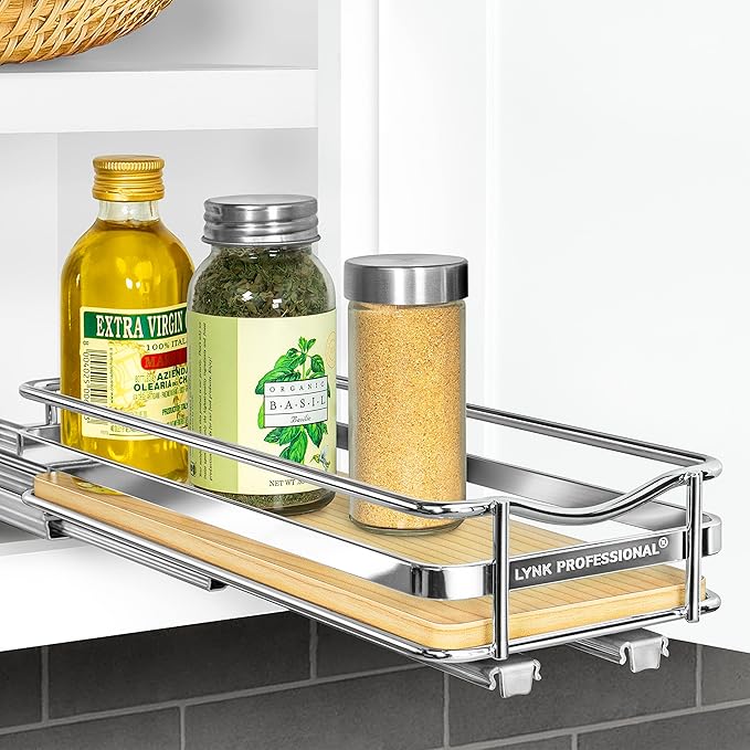 LYNK PROFESSIONAL® Élite™ Pull Out Spice Rack Organizer for Inside Kitchen Cabinets - 4-3/8 inch Wide - Slide Out Drawer – Wood/Chrome Sliding Spice Cabinet Organization Shelf Racks - 1 Tier