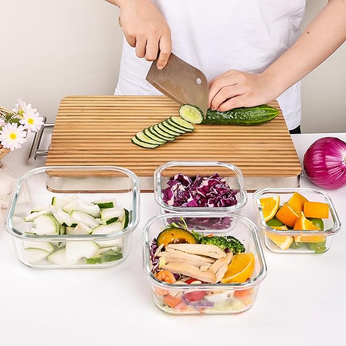 [8 Pack] Glass Meal Prep Containers with Lids, Extra Thick Airtight Glass Food Storage Set (5.1oz–51oz), Leakproof Lunch Boxes for Leftovers, Pantry Storage & Kitchen Organization, BPA-Free