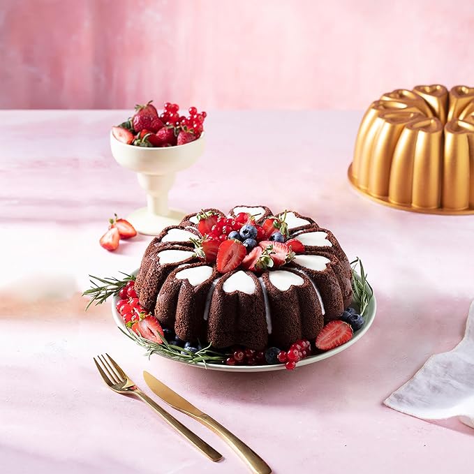 Heart Shape Cast Aluminum Molded Cake Pan, Titanium Coating, Non-Stick, 12 Cups, 10 Inch Pound Pan intended for Bundt Cakes, Gifts for Mom, Fluted Tube, Easy to Clean (3-Pack, Gold-Black-Red)